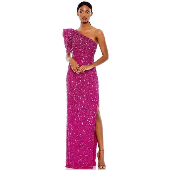 NWT Mac Duggal 10912 Asymmetric Puff Sleeve Bead Embellished Maxi Dress Size 8 - Picture 3 of 11